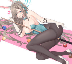Rule 34 | 1girl, animal ears, ass, asuna (blue archive), asuna (bunny) (blue archive), bad id, bad pixiv id, ball, bare shoulders, billiard ball, black pantyhose, blue archive, blue eyes, blush, breasts, brown hair, cleavage, cue stick, fake animal ears, gloves, grin, halo, high heels, highres, leotard, litsvn, long hair, looking at viewer, lying, mole, mole on breast, on side, pantyhose, playboy bunny, rabbit ears, smile, solo, thighband pantyhose, thighs, white footwear, white gloves