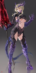 Rule 34 | 1girl, absurdres, armor, armored boots, artoria pendragon (fate), artoria pendragon (lancer alter) (fate), black bodysuit, blonde hair, blue armor, bodysuit, boots, braid, breasts, center opening, crotch seam, dark rhongomyniad, fate/grand order, fate (series), french braid, full body, gauntlets, gradient background, hair between eyes, highres, horns, lance, long hair, looking to the side, medium breasts, navel, polearm, sidelocks, solo, tail, thighs, underboob, weapon, yd (orange maru), yellow eyes
