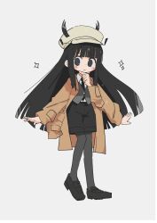 Rule 34 | 1girl, absurdres, antennae, arthropod girl, black eyes, black hair, black necktie, black pantyhose, black shorts, blunt bangs, blunt ends, blush stickers, brown coat, cabbie hat, coat, collared shirt, extra arms, full body, hand on own chin, hat, highres, hime cut, horns, horns through headwear, long hair, naka (buttergirl 02), necktie, original, pantyhose, shirt, shorts, simple background, solo, sparkle, stroking own chin, vest, white background, white hat, white shirt
