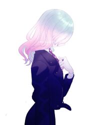Rule 34 | 1girl, black jacket, black skirt, blue hair, cerejeira elron, fate/grand order, fate (series), from side, gradient hair, highres, ichikawahonzen, jacket, jewelry, long hair, multicolored hair, necktie, pink hair, profile, ring, simple background, skirt, solo, upper body, white background