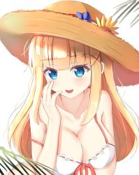 Rule 34 | 1girl, bikini, blonde hair, blue eyes, blunt bangs, blush, breasts, cleavage, collarbone, hair ornament, hand on own cheek, hand on own face, hat, highres, large breasts, long hair, looking at viewer, open mouth, original, sidelocks, simple background, smile, smug, solo, strap slip, straw hat, swimsuit, takapii, upper body, white background, x hair ornament