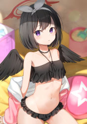 Rule 34 | 1girl, :o, absurdres, arm support, bare shoulders, bikini, black bikini, black hair, black wings, blue archive, blurry, blush, bow hairband, breasts, choker, collarbone, cowboy shot, depth of field, feathered wings, frilled bikini, frills, hairband, halo, halterneck, highres, jacket, looking at viewer, mashiro (blue archive), mashiro (swimsuit) (blue archive), navel, off shoulder, parted lips, pink jacket, purple eyes, revision, short hair, sitting, small breasts, solo, stomach, swimsuit, thighs, three twosix, white hairband, winged halo, wings