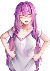 Rule 34 | 1girl, absurdres, clothes writing, collarbone, commentary request, highres, honkai (series), honkai impact 3rd, long hair, looking at viewer, open mouth, purple hair, pyeong-il pyeongil, shirt, short sleeves, simple background, single bare shoulder, sirin, solo, upper body, very long hair, white background, white shirt, yellow eyes