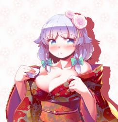 Rule 34 | 1girl, bare shoulders, blue eyes, blush, bow, braid, breasts, cleavage, flower, hair bow, hair flower, hair ornament, highres, izayoi sakuya, japanese clothes, kimono, large breasts, looking at viewer, short hair, silver hair, solo, takahero, touhou, twin braids