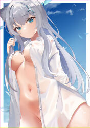 Rule 34 | 1girl, absurdres, animal ears, blue archive, blue eyes, blue halo, breasts, buttons, cowboy shot, cross hair ornament, grey hair, groin, hair ornament, halo, highres, long hair, long sleeves, looking at viewer, medium breasts, mismatched pupils, navel, nohohon neko, open clothes, open shirt, shiroko (blue archive), shirt, solo, wet, wet clothes, wet shirt, white shirt, wolf ears