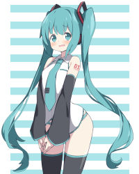 Rule 34 | 1girl, aqua eyes, aqua hair, bad id, bad pixiv id, blush, detached sleeves, hatsune miku, highres, long hair, necktie, no pants, panties, relila, solo, striped background, striped clothes, striped panties, thighhighs, twintails, underwear, very long hair, vocaloid, wavy mouth