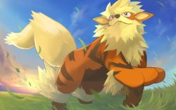 Rule 34 | arcanine, closed mouth, cloud, commentary request, creatures (company), day, falling leaves, fangs, fangs out, from below, game freak, gen 1 pokemon, grass, leaf, looking up, nintendo, no humans, okano dei, outdoors, pokemon, pokemon (creature), sky, smile, solo