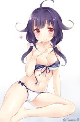 Rule 34 | 1girl, ahoge, bikini, breasts, cleavage, finger to mouth, hair flaps, heart, kantai collection, large breasts, looking at viewer, low twintails, navel, nikoo, purple hair, red eyes, simple background, solo, stomach, swimsuit, taigei (kancolle), twintails, twitter username, white background