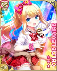 Rule 34 | 1girl, blonde hair, blue background, blue eyes, bow, brown sweater, card, character name, chloe lemaire, dancing, day, girlfriend (kari), jewelry, long hair, necklace, official art, open mouth, outdoors, pink bow, plaid, plaid skirt, qp:flapper, red bow, red neckwear, red skirt, school uniform, shirt, skirt, smile, solo, sweater, tagme, tied sweater, white shirt