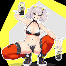 Rule 34 | 1girl, animal ears, asha, beer can, bikini, black background, black bikini, black footwear, black nails, boots, breasts, can, cat ears, cleavage, commentary request, drink can, fingernails, frilled bikini, frills, full body, grey background, grey hair, grin, hair ornament, hairclip, highres, holding, holding can, kaguya luna, large breasts, looking at viewer, medium bangs, multicolored background, navel, orange thighhighs, sharp teeth, short hair, smile, solo, squatting, strong zero, swimsuit, teeth, the moon studio, thighhighs, two side up, virtual youtuber, yellow background