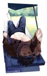 Rule 34 | 1boy, adjusting eyewear, alternate costume, arm tattoo, barefoot, brown hair, chair, commentary request, dated, facial hair, final fantasy, final fantasy xv, gladiolus amicitia, highres, knee up, looking at viewer, lounge chair, lying, male focus, muscular, muscular male, navel, on back, orange eyes, outdoors, scar, scar across eye, scar on face, shade, topless male, smile, solo, sunglasses, tattoo, umbrella, wavy hair, yuzukarin
