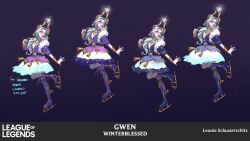 Rule 34 | 1girl, alternate costume, artist name, breasts, brown pantyhose, character name, colored skin, copyright name, dress, frilled dress, frills, gradient background, grey skin, gwen (league of legends), hair ornament, highres, ice skates, league of legends, lones (lonesart), long hair, looking to the side, medium breasts, pantyhose, purple background, skates, white dress