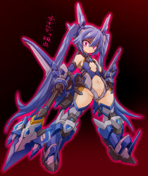 Rule 34 | 1girl, alternate eye color, angry, armor, blue footwear, blue hair, boots, center opening, corruption, elbow gloves, flat chest, full body, gloves, hand on own hip, highres, karukan (monjya), long hair, mecha musume, midriff, navel, ore twintail ni narimasu, polearm, red eyes, revealing clothes, solo, spear, standing, tailblue, thigh boots, thighhighs, tsube aika, twintails, weapon, wide-eyed, wide hips