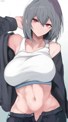 Rule 34 | 1girl, abs, arm up, black jacket, black pants, breasts, cleavage, collarbone, commentary request, earrings, gradient background, grey hair, hair between eyes, highres, jacket, jewelry, large breasts, looking at viewer, medium hair, navel, open clothes, open jacket, original, paid reward available, pants, red eyes, signature, simple background, solo, standing, tank top, unbuttoned, upper body, white tank top, yuzuki himuka