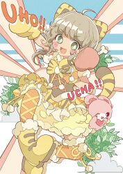 Rule 34 | 1girl, :d, absurdres, ahoge, animal ears, animal hands, animal print, arm up, blush, boned meat, boots, bow, brown hair, cat ears, cat tail, commentary request, curly hair, dress, fang, food, frilled dress, frills, fur-trimmed boots, fur trim, gloves, green eyes, heart, highres, idol clothes, leaf, looking at viewer, meat, mole, mole under mouth, open mouth, paw gloves, pretty series, pripara, ranirani (syohousen8), short hair with long locks, smile, standing, stuffed animal, stuffed rabbit, stuffed toy, tail, taiyo pepper, tiger print, usacha, yellow bow, yellow dress, yellow footwear