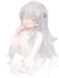 Rule 34 | 1girl, bad id, bad pixiv id, colored eyelashes, dokomon, dress, fingernails, girls&#039; frontline, grey hair, grey nails, hair between eyes, hair ornament, hand up, highres, long hair, long sleeves, looking at viewer, nail polish, open mouth, pillow, ribeyrolles (girls&#039; frontline), simple background, solo, tears, very long hair, white background, white dress, wide sleeves, yawning