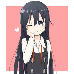 Rule 34 | ;), absurdres, asashio (kancolle), black hair, blue eyes, dress, hair between eyes, hair in own mouth, hand on own cheek, hand on own face, heart, highres, kantai collection, long hair, long sleeves, looking at viewer, neck ribbon, one eye closed, pinafore dress, red ribbon, ribbon, school uniform, shirt, sleeveless, sleeveless dress, smile, solo, spica1476, undone neck ribbon, upper body, white shirt