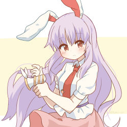 Rule 34 | 1girl, absurdres, animal ears, blush, closed mouth, highres, holding, long hair, looking at viewer, lunatic gun, necktie, pink skirt, puffy short sleeves, puffy sleeves, purple hair, rabbit ears, red eyes, red necktie, reisen udongein inaba, ryoku sui, shirt, short sleeves, skirt, solo, touhou, very long hair, white shirt