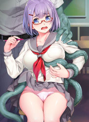 Rule 34 | 1boy, 1girl, arm grab, arm up, belt, blue eyes, breasts, cameltoe, chair, classroom, clothes lift, colored skin, commentary request, desk, glasses, grabbing, grabbing from behind, green skin, grey skirt, hair ornament, hairclip, hand on another&#039;s shoulder, head out of frame, highres, indoors, lifting another&#039;s clothes, monster, neckerchief, open mouth, original, panties, pants, pencil, pink panties, purple hair, red neckerchief, school uniform, serafuku, shirt, short hair, sitting, skirt, skirt lift, teeth, tentacles, tentacles under clothes, thighs, underwear, upper teeth only, wacchi, white shirt