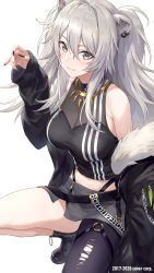Rule 34 | 1girl, :3, animal ears, ankle boots, bare shoulders, black footwear, black jacket, black nails, blush, boots, breasts, cleavage, closed mouth, earrings, fingernails, fur-trimmed jacket, fur trim, grey eyes, grey hair, guchico, hair between eyes, hand up, highres, hololive, jacket, jewelry, large breasts, lion ears, long hair, long sleeves, looking at viewer, nail polish, necklace, off-shoulder jacket, off shoulder, official art, see-through, see-through cleavage, shirt, shishiro botan, shishiro botan (1st costume), simple background, single leg pantyhose, smile, solo, squatting, torn clothes, torn legwear, virtual youtuber, watermark, white background