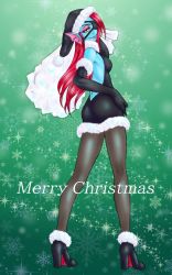 Rule 34 | 1girl, ass, blue skin, boots, colored skin, elbow gloves, eyepatch, fins, fish girl, gloves, hat, head fins, high heel boots, high heels, makeup, monster girl, pantyhose, red hair, santa costume, santa hat, shoes, undertale, undyne