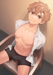 Rule 34 | 1boy, arms behind back, black male underwear, boxer briefs, brown eyes, brown hair, bulge, chair, collarbone, dress shirt, from above, highres, indoors, light frown, looking at viewer, male focus, male underwear, navel, nayoshi (r-744), nipples, no pants, open clothes, open shirt, original, pectorals, shirt, short hair, sitting, solo, underwear, white shirt