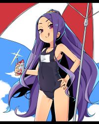 Rule 34 | 1girl, assassin of the nocturnal castle, bad id, bad pixiv id, beach umbrella, blue one-piece swimsuit, cowboy shot, drink, fate/grand order, fate (series), from below, long hair, looking at viewer, mei mu, one-piece swimsuit, ponytail, purple eyes, purple hair, school swimsuit, solo, standing, swimsuit, umbrella, very long hair, wu zetian (fate)