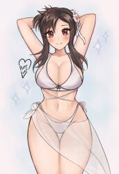 Rule 34 | 1girl, armpits, arms behind head, arms up, bikini, black hair, breasts, cleavage, commentary, cowboy shot, final fantasy, final fantasy vii, final fantasy vii rebirth, final fantasy vii remake, highres, large breasts, long hair, navel, official alternate hairstyle, purrlucii, red eyes, sarong, sidelocks, solo, standing, stomach, swimsuit, thighs, tifa lockhart, white bikini