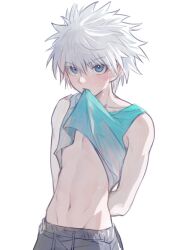Rule 34 | 1boy, aqua tank top, arms behind back, blue eyes, blush, clothes lift, grey shorts, hair between eyes, highres, hunter x hunter, kiko, killua zoldyck, lifted by self, looking at viewer, male focus, mouth hold, shirt lift, shorts, simple background, solo, spiked hair, stomach, sweat, tank top, white background, white hair