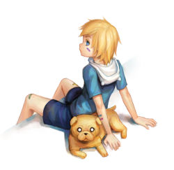 Rule 34 | 1boy, advanced-random, adventure time, arm support, bandages, bandaid, blonde hair, blue eyes, cartoon network, dog, finn the human, jake, jake the dog, looking at viewer, looking back, male focus, short hair, shorts, sitting
