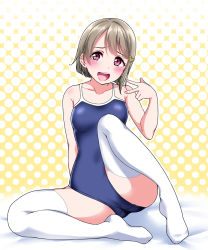 Rule 34 | 1girl, :d, arm behind back, arm up, bare arms, bed sheet, blush, breasts, cameltoe, collarbone, hair ornament, halftone, halftone background, heart, heart hair ornament, knee up, light brown hair, looking at viewer, love live!, love live! nijigasaki high school idol club, love live! school idol festival, nakasu kasumi, one-piece swimsuit, open mouth, polka dot, polka dot background, red eyes, short hair, sitting, sleeveless, small breasts, smile, solo, spread legs, swimsuit, teeth, thighhighs, upper teeth only, v, white thighhighs, yopparai oni, | |