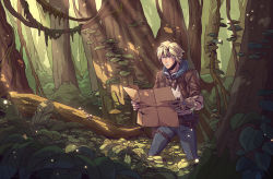 Rule 34 | 1boy, belt, belt pouch, blonde hair, blue eyes, blush, denim, ezreal, facial mark, forest, fur-trimmed jacket, fur collar, fur trim, gauntlets, goggles, goggles around neck, holding, holding map, jacket, jeans, league of legends, log, male focus, map, mushroom, nature, outdoors, pants, plant, pouch, short hair, sleeves rolled up, solo, standing, thigh strap, tree, vines, wenny02