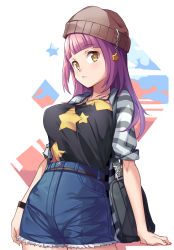Rule 34 | + +, 1girl, arms at sides, bag, beanie, black shirt, blunt bangs, breasts, brown eyes, brown hat, buttons, charm (object), closed mouth, collarbone, cowboy shot, cutoffs, denim, denim shorts, handbag, hat, head tilt, highres, jacket, jewelry, large breasts, looking at viewer, necklace, open clothes, open jacket, original, over shoulder, saiste, shirt, shirt tucked in, short sleeves, shorts, solo, standing, star (symbol), star print, striped clothes, striped jacket