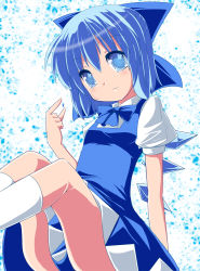 Rule 34 | 1girl, :3, arm up, between legs, blue dress, blue eyes, blue hair, bow, cirno, crystal, dress, fa no hito, female focus, gradient background, hair bow, holding, matching hair/eyes, short hair, sitting, solo, touhou, white background, wings