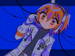 Rule 34 | 1girl, :&lt;, a.i. voice, adachi rei, android, artificial eye, belt, black shirt, blue background, blush, blush stickers, cable, closed mouth, commentary, dutch angle, gloves, hair ornament, hair ribbon, hairclip, hatakamo sayaka, headlamp, headset, holding, holding microphone, jacket, letterboxed, light particles, long sleeves, looking at viewer, mechanical eye, microphone, nose blush, one side up, open clothes, open jacket, orange belt, orange eyes, orange hair, outside border, radio antenna, raised eyebrows, ribbon, ringed eyes, shirt, short hair, solo, turtleneck, upper body, utau, white gloves, white jacket, white ribbon