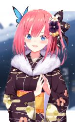 Rule 34 | 1girl, :d, bell, blue eyes, blue nails, blush, brown kimono, butterfly earrings, butterfly hair ornament, commentary request, earrings, egasumi, flower, fur collar, go-toubun no hanayome, hair bell, hair flower, hair ornament, hair ribbon, highres, japanese clothes, jewelry, jingle bell, kimono, long sleeves, looking at viewer, nail polish, nakano nino, new year, obi, open mouth, own hands together, pink hair, print kimono, profnote, ribbon, sash, short hair, smile, solo, wide sleeves