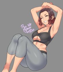 Rule 34 | 1girl, agawa ryou, armpits, arms up, black bra, bra, breasts, brown hair, cleavage, commentary, closed eyes, grey background, grey pants, grin, large breasts, original, pants, short hair, simple background, smile, solo, underboob, underwear