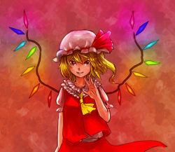 Rule 34 | 1girl, ascot, blonde hair, blouse, female focus, flandre scarlet, hat, hat ribbon, looking at viewer, ma nyan (nyao mao nyao), mob cap, red background, red eyes, red theme, ribbon, shirt, short hair, side ponytail, smile, solo, touhou, waving, white hat, white shirt, wings