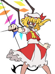 Rule 34 | 1girl, :d, ascot, blonde hair, clenched hand, commentary, crystal, eddybird55555, english commentary, flandre scarlet, hat, hat ribbon, highres, laevatein (tail), looking at viewer, mob cap, one side up, open mouth, parody, rainbow order, red eyes, red ribbon, red skirt, red vest, ribbon, ringed eyes, shaded face, sharp teeth, shirt, short sleeves, simple background, skirt, smile, solo, standing, style parody, tail, teeth, touhou, vanripper (style), vest, white background, white hat, white shirt, wings, yellow ascot