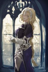 Rule 34 | 1girl, absurdres, armor, armored dress, blonde hair, blue eyes, braid, capelet, fate/apocrypha, fate/grand order, fate (series), gauntlets, headpiece, highres, jeanne d&#039;arc (fate), jeanne d&#039;arc (ruler) (fate), kouzuki kei, long hair, looking at viewer, open mouth, sheath, sheathed, smile, solo, sword, very long hair, weapon