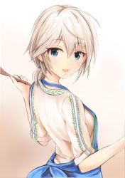 Rule 34 | 1girl, :d, anastasia (idolmaster), apron, blue apron, blue eyes, from side, hair between eyes, hair ornament, holding, idolmaster, idolmaster cinderella girls, looking at viewer, looking back, nannacy7, open mouth, shirt, short hair, short ponytail, silver hair, smile, solo, standing, upper body, white shirt