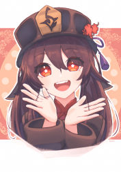 Rule 34 | 1girl, absurdres, auwi, black hat, brown hair, chinese clothes, flower, genshin impact, hat, hat flower, highres, hu tao (genshin impact), jewelry, long hair, long sleeves, looking at viewer, multiple rings, open mouth, orange eyes, plum blossoms, ring, solo, twintails