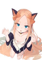 Rule 34 | 1girl, abigail williams (fate), absurdres, animal ears, bare shoulders, bell, black dress, blonde hair, blue eyes, blush, bow, breasts, cat ears, claw pose, collar, downblouse, dress, fate/grand order, fate (series), forehead, hair bow, highres, jingle bell, kneeling, long hair, long sleeves, looking at viewer, mikami hotaka, multiple bows, no bra, off-shoulder dress, off shoulder, open mouth, orange bow, parted bangs, small breasts, solo, very long hair