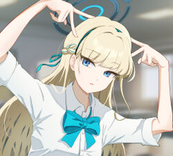 Rule 34 | 1girl, alternate costume, arms up, blonde hair, blue archive, blue bow, blue bowtie, blue eyes, blue hair, blue halo, blunt bangs, bow, bowtie, braid, collared shirt, commentary request, double v, french braid, halo, highres, long hair, long sleeves, looking ahead, open mouth, school uniform, shirt, solo, toki (blue archive), udon f, upper body, v, white shirt