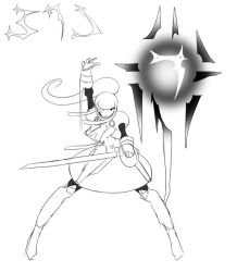 Rule 34 | 1boy, armor, armored dress, boots, cibastion, demi (cibastion), dress, feminine, full body, hand up, holding, holding sword, holding weapon, long hair, male focus, original, ponytail, sidelocks, sketch, solo, sword, trap, weapon, white background