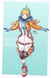 Rule 34 | 1girl, animification, apex legends, blue eyes, blue gloves, blue headwear, blush, bodysuit, gloves, highres, hood, hooded bodysuit, jacket, knee pads, looking at viewer, nessie (respawn), on head, open hands, orange jacket, outstretched arms, smile, solo, stuffed toy, wattson (apex legends), white bodysuit, white footwear, yapipi
