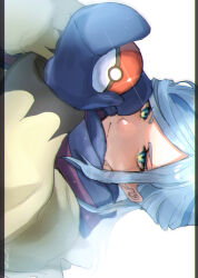 Rule 34 | 1boy, androgynous, blue eyes, blue hair, blue mittens, creatures (company), game freak, godouyu (neisukun), grusha (pokemon), highres, holding, holding poke ball, jacket, long hair, long sleeves, male focus, mittens, nintendo, poke ball, poke ball (basic), pokemon, pokemon sv, scarf, solo, striped clothes, striped scarf, yellow jacket