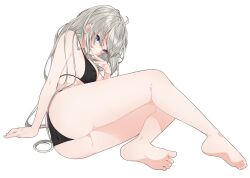 Rule 34 | 1girl, arm at side, arm rest, ass, ass focus, barefoot, bikini, black bikini, blue eyes, blush, earrings, feet, from behind, grey hair, hair between eyes, hand to own mouth, highres, jewelry, knees together feet apart, long hair, looking at viewer, lying, on side, original, parted lips, sidelocks, simple background, soles, solo, stomach, string bikini, stud earrings, swimsuit, thighs, toes, white background, yamada sakura