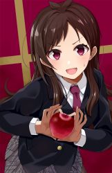 Rule 34 | 1girl, :d, apple, bad id, bad pixiv id, black jacket, blazer, blush, brown hair, collared shirt, commentary request, fingernails, food, fruit, gomashi (goma), grey skirt, heart, heart hands, highres, holding, holding food, holding fruit, idolmaster, idolmaster cinderella girls, jacket, long hair, long sleeves, looking at viewer, necktie, open mouth, plaid, plaid skirt, pleated skirt, red apple, red background, red eyes, red necktie, school uniform, shirt, skirt, smile, solo, sweat, tsujino akari, v-shaped eyebrows, very long hair, white shirt