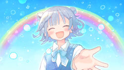 Rule 34 | 1girl, beckoning, blue background, blue bow, blue bowtie, blue outline, blue sweater vest, blunt bangs, blush, bow, bowtie, bubble, cevio, collared shirt, commentary request, double bun, facing viewer, floating hair, grey hair, hair bun, hair ornament, hairclip, head tilt, highres, koharu rikka, open mouth, outline, outstretched hand, rainbow, shirt, short hair, smile, solo, sparkle, star (symbol), sweater vest, synthesizer v, t705gp, upper body, white shirt